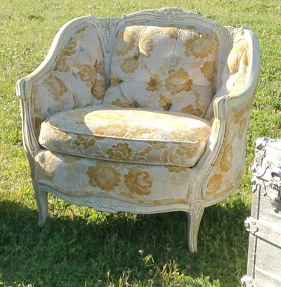 Yellow and White Chenille Fabric, French, Wooden Carved Frame, White Wood