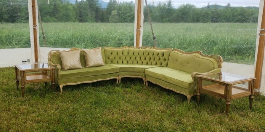 If color is what you want for your rental couch, this chartreuse vintage sectional will fit the bill. French in style, this sectional is tufted in velvet. The white ornate wood frame is french in style for your event rental lounge couch.